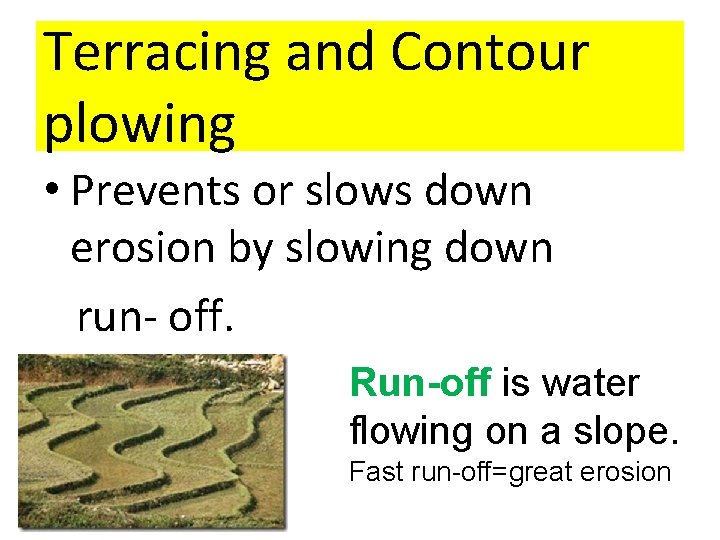 Terracing and Contour plowing • Prevents or slows down erosion by slowing down run-