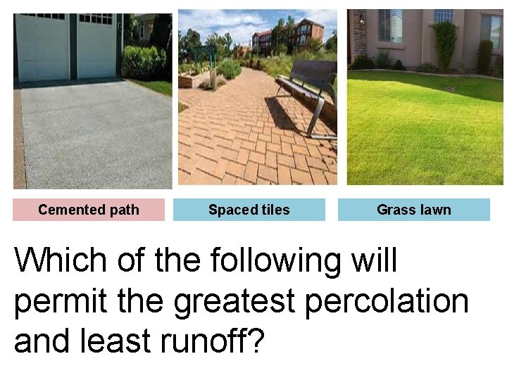 Cemented path Spaced tiles Grass lawn Which of the following will permit the greatest