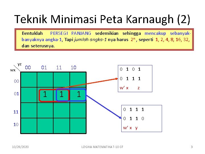 Teknik Minimasi Peta Karnaugh (2) Bentuklah PERSEGI PANJANG sedemikian sehingga mencakup sebanyaknya angka-1, Tapi