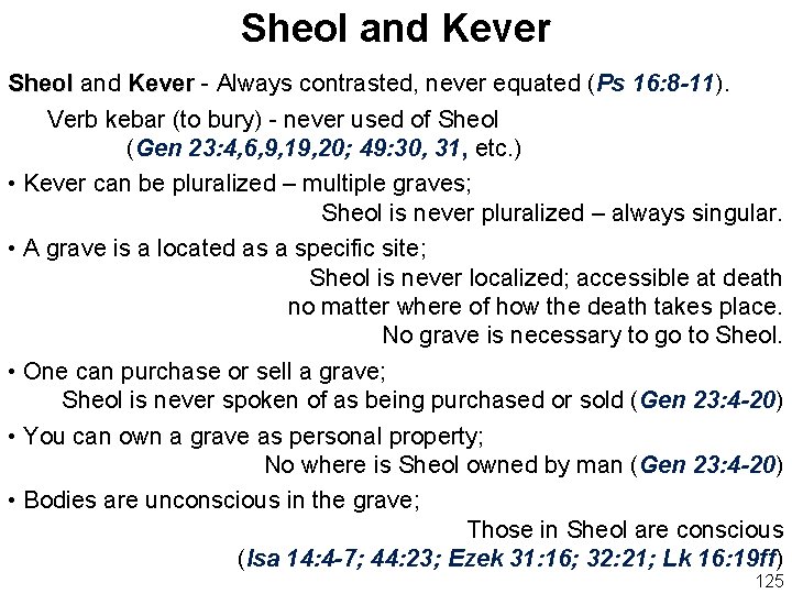 Sheol and Kever - Always contrasted, never equated (Ps 16: 8 -11). Kever Verb
