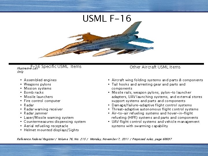 USML F-16 Illustrative. F-16 List Only • • • • Specific USML Items Assembled
