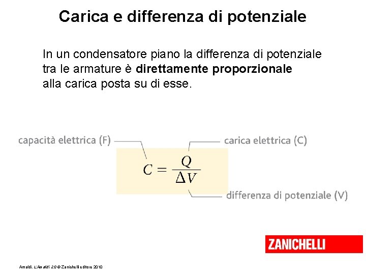 Carica e differenza di potenziale In un condensatore piano la differenza di potenziale tra