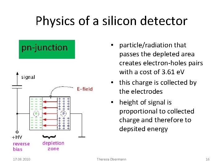 Physics of a silicon detector pn-junction 17. 08. 2010 • particle/radiation that passes the