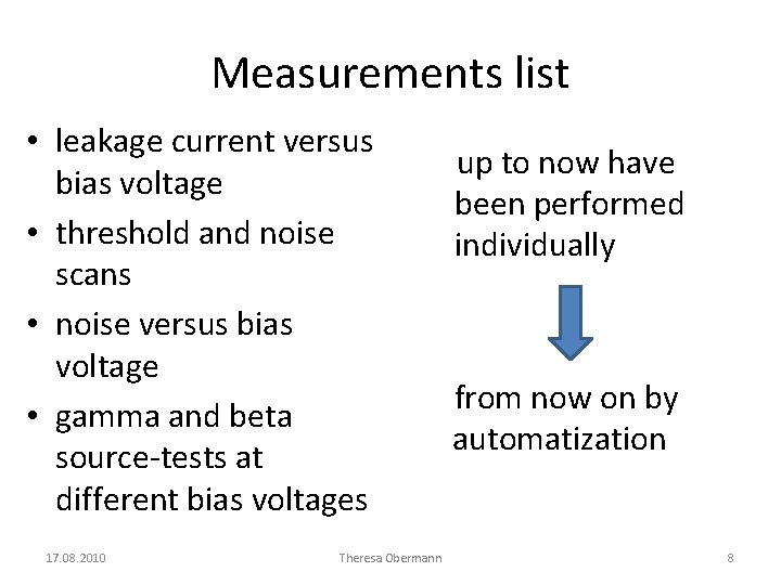 Measurements list • leakage current versus bias voltage • threshold and noise scans •