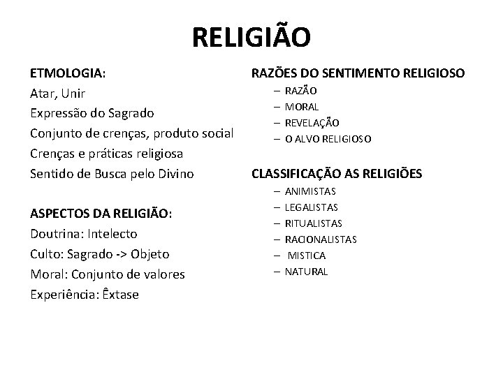 RELIGIÃO ETMOLOGIA: Atar, Unir Expressão do Sagrado Conjunto de crenças, produto social Crenças e