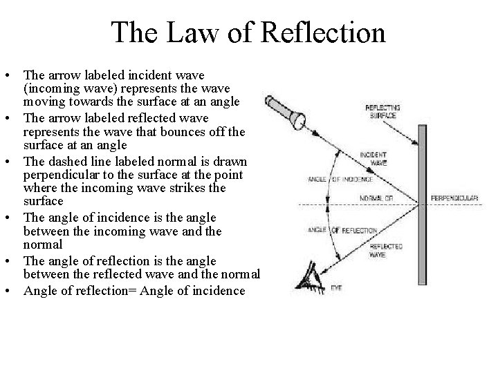 The Law of Reflection • The arrow labeled incident wave (incoming wave) represents the The Law of Reflection • The arrow labeled incident wave (incoming wave) represents the