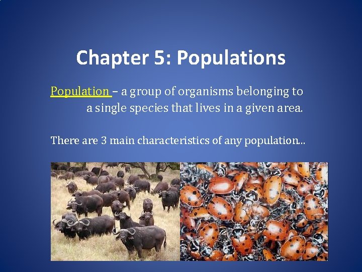 Chapter 5: Populations Population – a group of organisms belonging to a single species