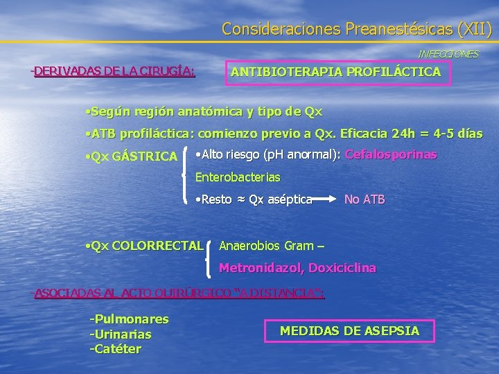 Consideraciones Preanestésicas (XII) INFECCIONES ANTIBIOTERAPIA PROFILÁCTICA -DERIVADAS DE LA CIRUGÍA: • Según región anatómica