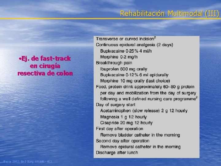 Rehabilitación Multimodal (III) • Ej. de fast-track en cirugía resectiva de colon Basse 2002.