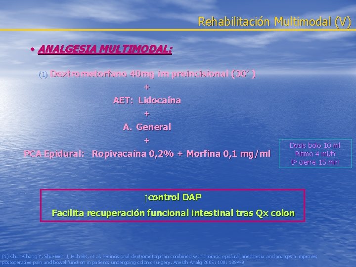 Rehabilitación Multimodal (V) • ANALGESIA MULTIMODAL: (1) Dextrometorfano 40 mg im preincisional (30’ )