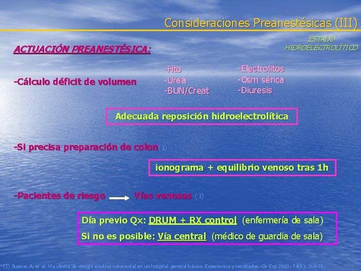 Consideraciones Preanestésicas (III) ESTADO HIDROELECTROLÍTICO ACTUACIÓN PREANESTÉSICA: -Cálculo déficit de volumen -Hto -Urea -BUN/Creat