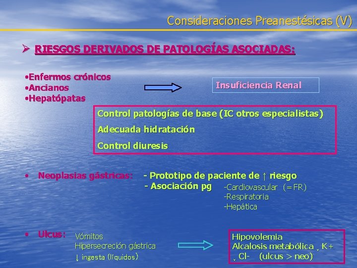 Consideraciones Preanestésicas (V) Ø RIESGOS DERIVADOS DE PATOLOGÍAS ASOCIADAS: • Enfermos crónicos • Ancianos