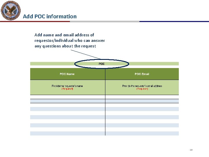 Add POC information Add name and email address of requestor/individual who can answer any Add POC information Add name and email address of requestor/individual who can answer any