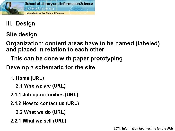 III. Design Site design Organization: content areas have to be named (labeled) and placed