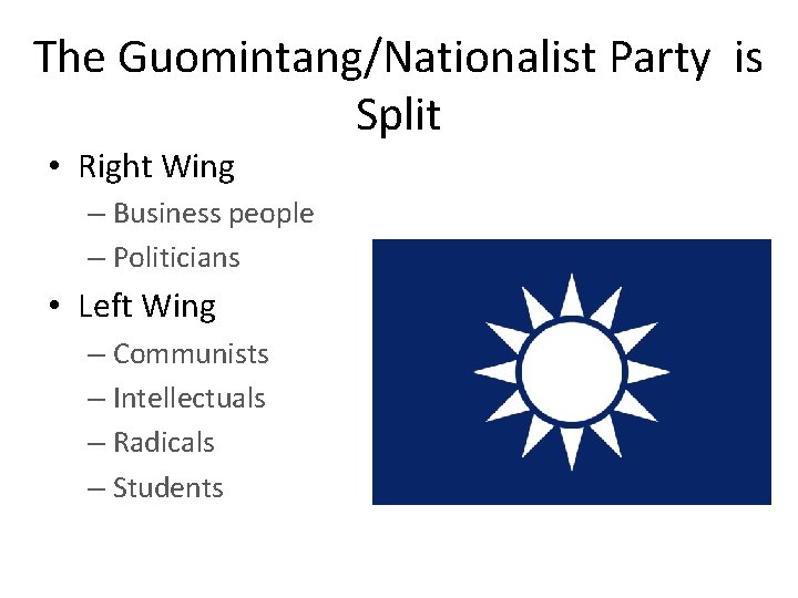 The Guomintang/Nationalist Party is Split • Right Wing – Business people – Politicians •