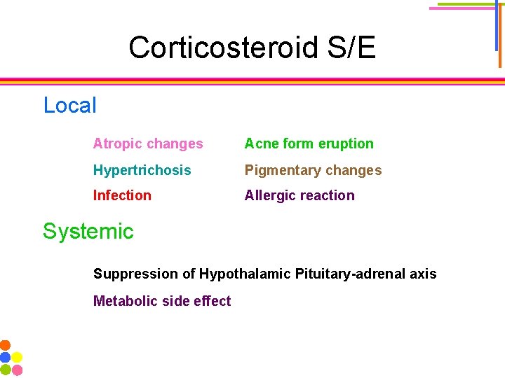 Corticosteroid S/E Local Atropic changes Acne form eruption Hypertrichosis Pigmentary changes Infection Allergic reaction