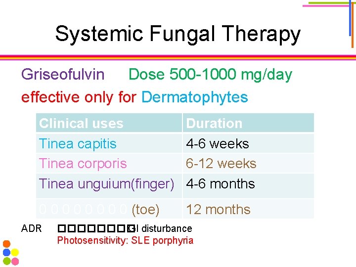 Systemic Fungal Therapy Griseofulvin Dose 500 -1000 mg/day effective only for Dermatophytes Clinical uses