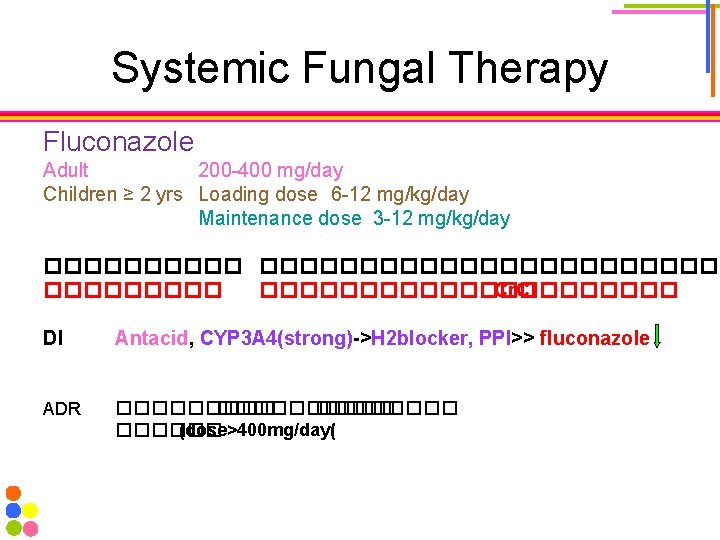 Systemic Fungal Therapy Fluconazole Adult 200 -400 mg/day Children ≥ 2 yrs Loading dose