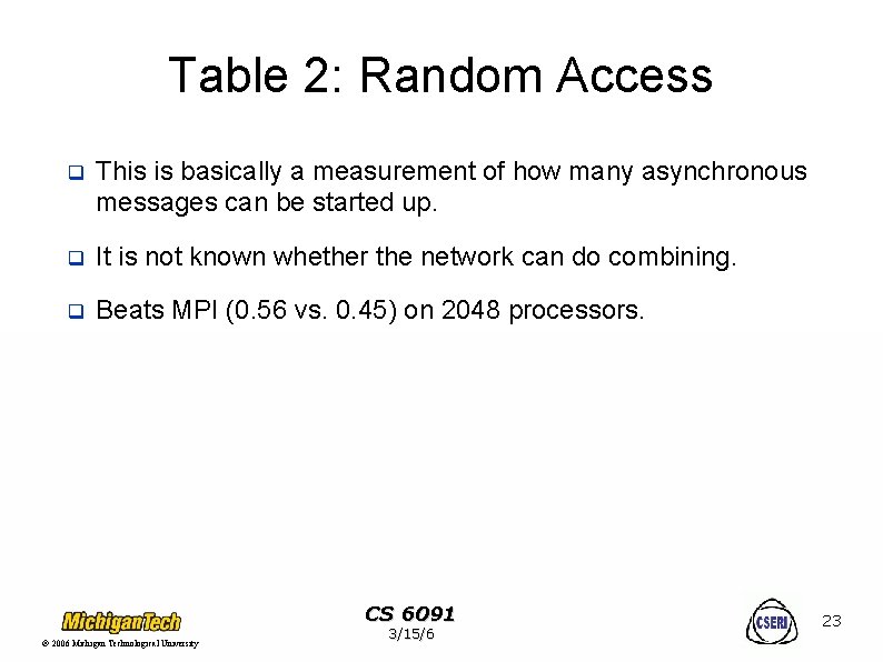 Table 2: Random Access q This is basically a measurement of how many asynchronous