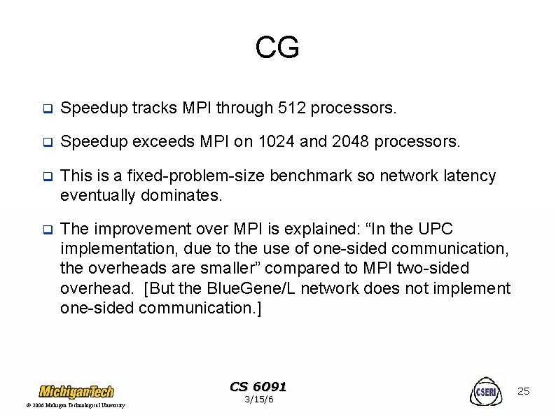 CG q Speedup tracks MPI through 512 processors. q Speedup exceeds MPI on 1024