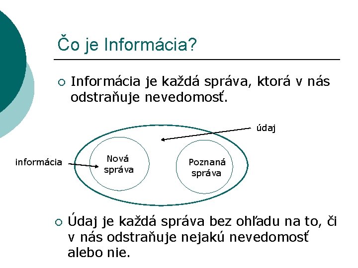 Čo je Informácia? ¡ Informácia je každá správa, ktorá v nás odstraňuje nevedomosť. údaj