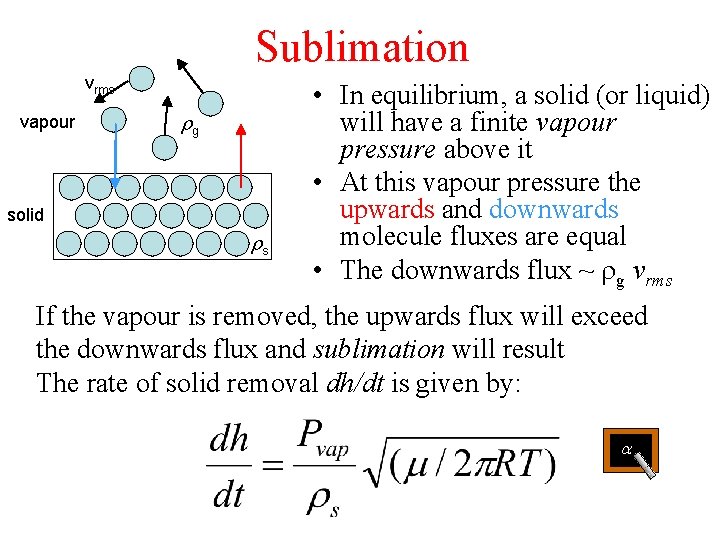 Sublimation vrms vapour rg solid rs • In equilibrium, a solid (or liquid) will