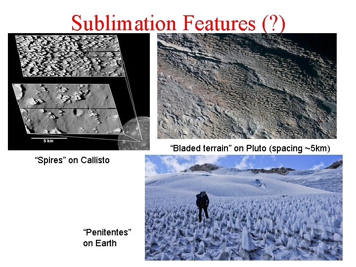 Sublimation Features (? ) “Bladed terrain” on Pluto (spacing ~5 km) “Spires” on Callisto