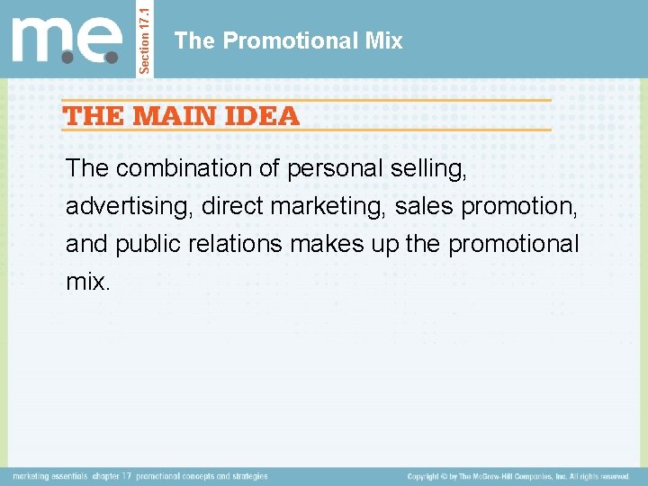 Section 17. 1 The Promotional Mix The combination of personal selling, advertising, direct marketing,