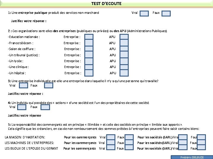 TEST D’ECOUTE 1: Une entreprise publique produit des services non marchand Vrai Faux Justifiez