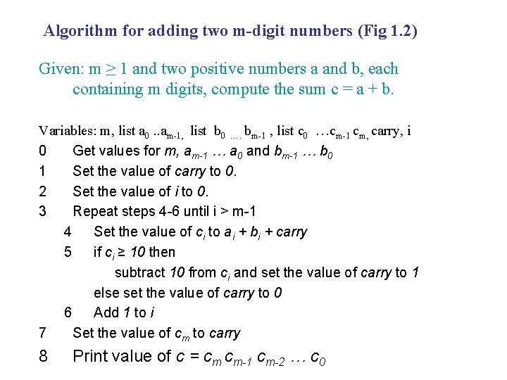 Algorithm for adding two m-digit numbers (Fig 1. 2) Given: m ≥ 1 and