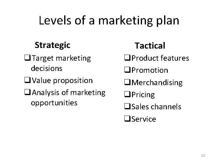 Levels of a marketing plan Strategic q. Target marketing decisions q. Value proposition q.