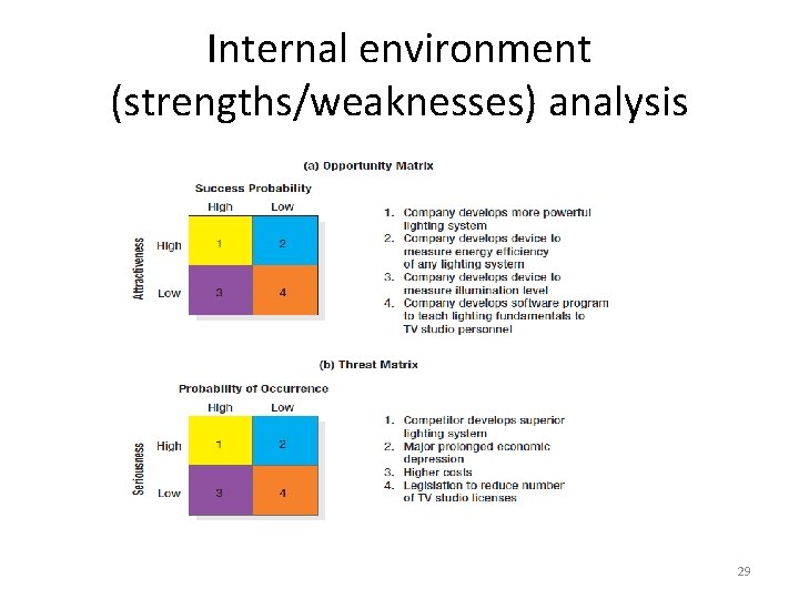 Internal environment (strengths/weaknesses) analysis 29 
