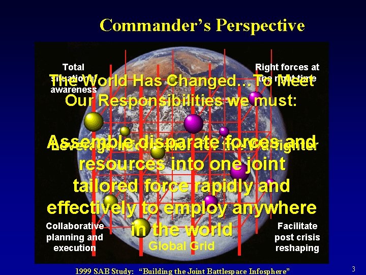 Commander’s Perspective Total situational awareness Right forces at the right time The World Has