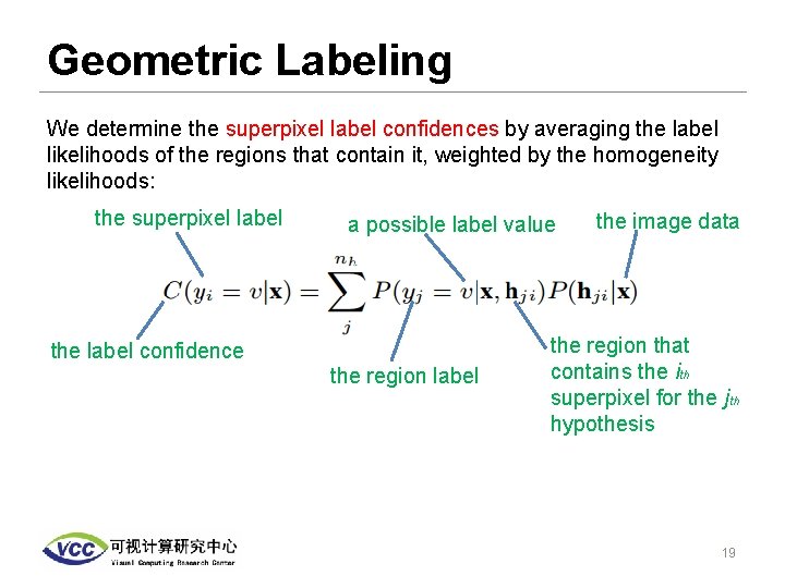 Geometric Labeling We determine the superpixel label confidences by averaging the label likelihoods of