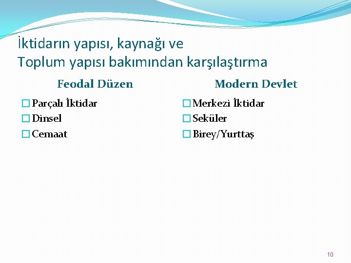 İktidarın yapısı, kaynağı ve Toplum yapısı bakımından karşılaştırma Feodal Düzen �Parçalı İktidar �Dinsel �Cemaat