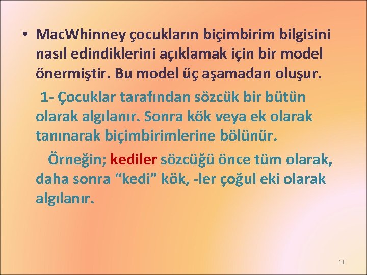  • Mac. Whinney çocukların biçimbirim bilgisini nasıl edindiklerini açıklamak için bir model önermiştir.