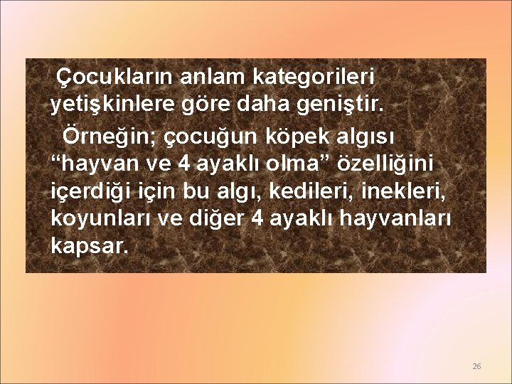 Çocukların anlam kategorileri yetişkinlere göre daha geniştir. Örneğin; çocuğun köpek algısı “hayvan ve 4