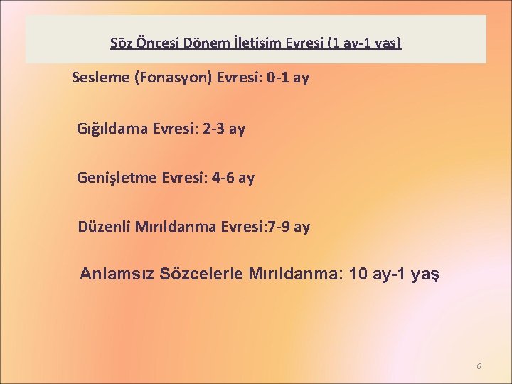 Söz Öncesi Dönem İletişim Evresi (1 ay-1 yaş) Sesleme (Fonasyon) Evresi: 0 -1 ay