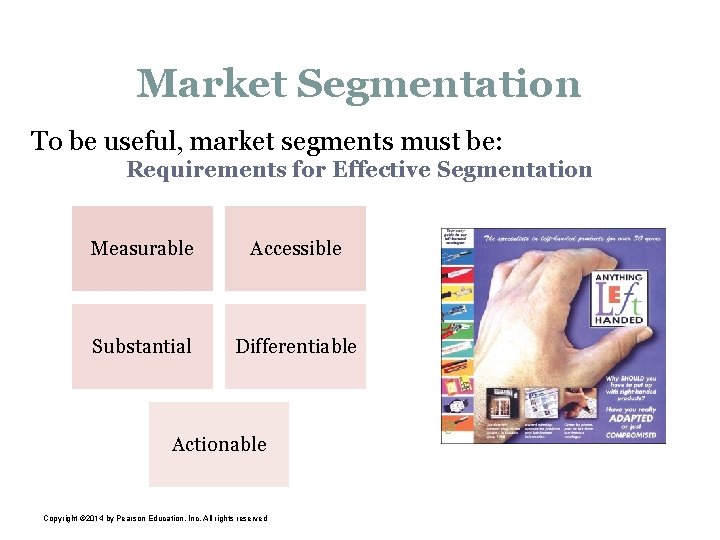 Market Segmentation To be useful, market segments must be: Requirements for Effective Segmentation Measurable