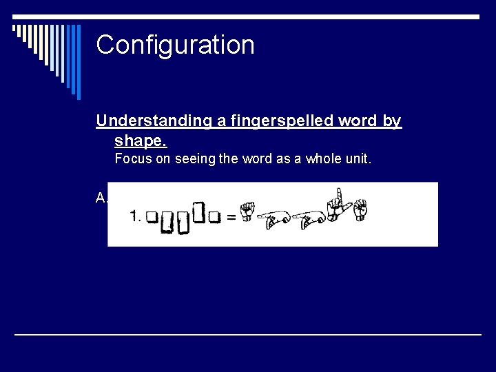 Configuration Understanding a fingerspelled word by shape. Focus on seeing the word as a