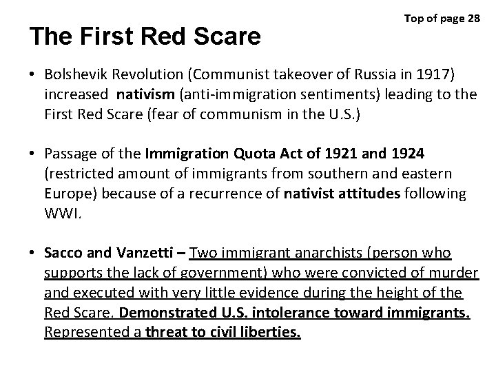 The First Red Scare Top of page 28 • Bolshevik Revolution (Communist takeover of