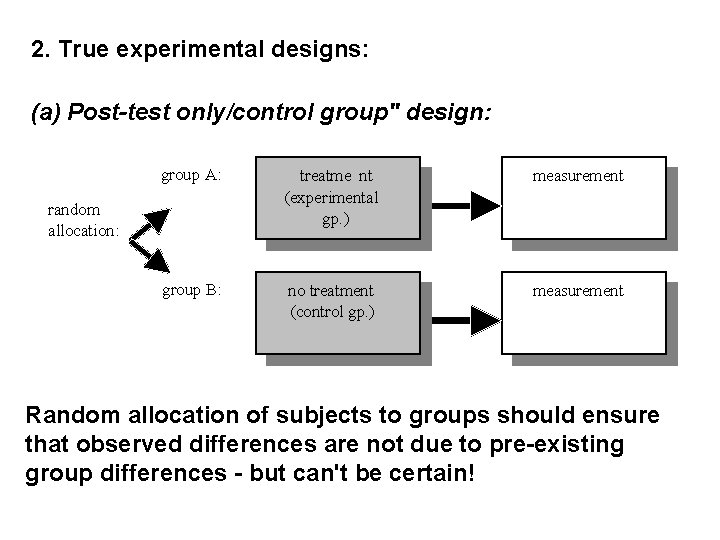 2. True experimental designs: (a) Post-test only/control group" design: group A: treatme nt (experimental