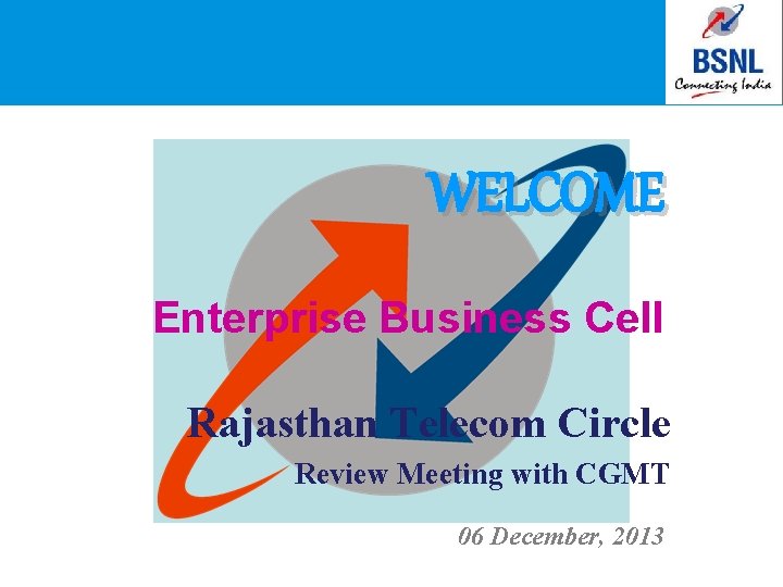 WELCOME Enterprise Business Cell Rajasthan Telecom Circle Review Meeting with CGMT 06 December, 2013