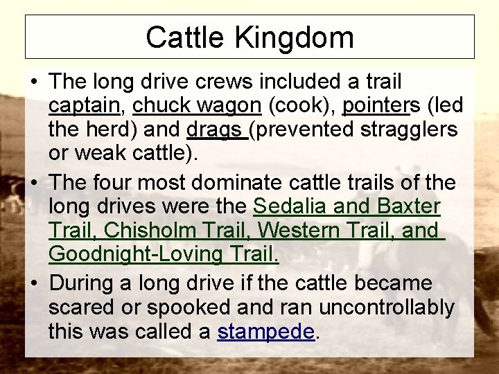 Cattle Kingdom • The long drive crews included a trail captain, chuck wagon (cook),