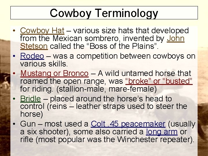 Cowboy Terminology • Cowboy Hat – various size hats that developed from the Mexican