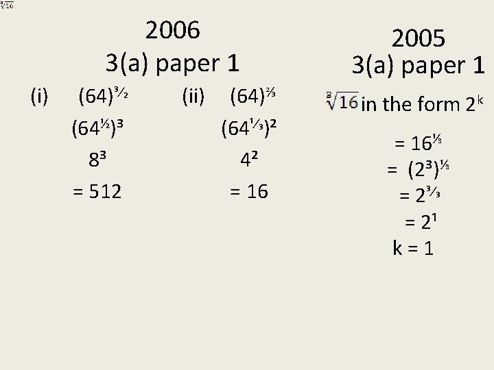 2006 3(a) paper 1 (i) (64)³⁄₂ (64½)³ 8³ = 512 (ii) (64)⅔ (64¹⁄₃)² 4²