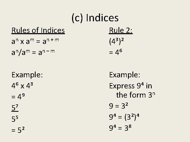 (c) Indices Rules of Indices an x a m = a n + m
