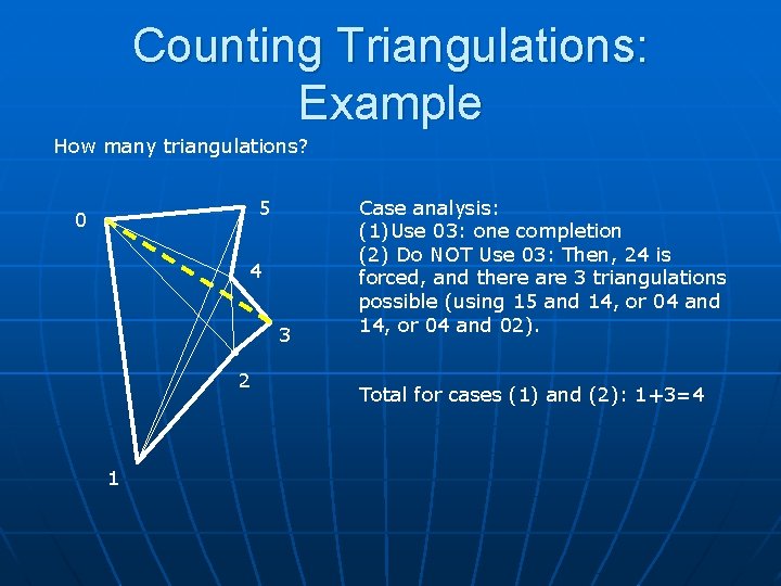 Counting Triangulations: Example How many triangulations? 5 0 4 3 2 1 Case analysis: