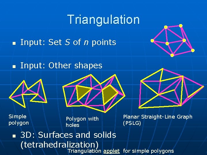 Triangulation n Input: Set S of n points n Input: Other shapes Simple polygon