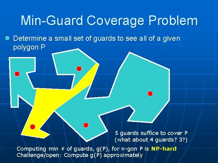 Min-Guard Coverage Problem Determine a small set of guards to see all of a